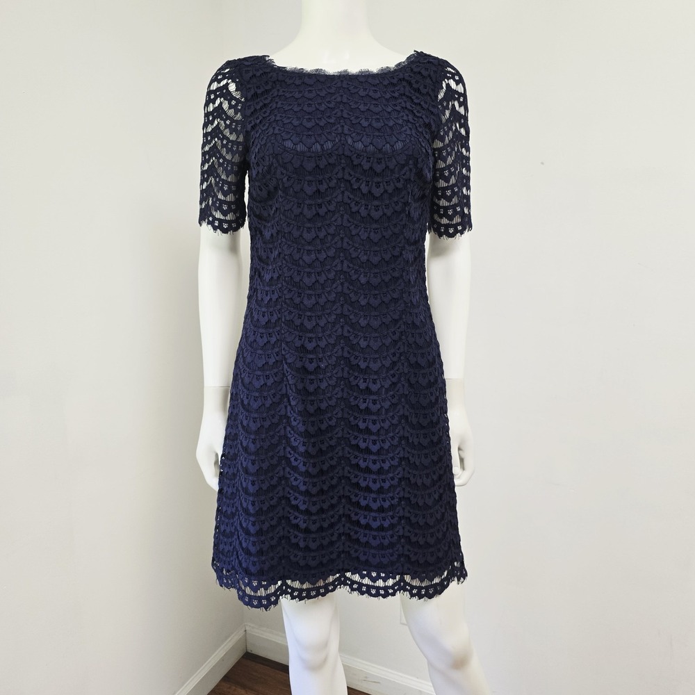 Boden Dress Size 4 Womens All Over Lace Navy Blue Lined Short Sleeve Zip Preppy
